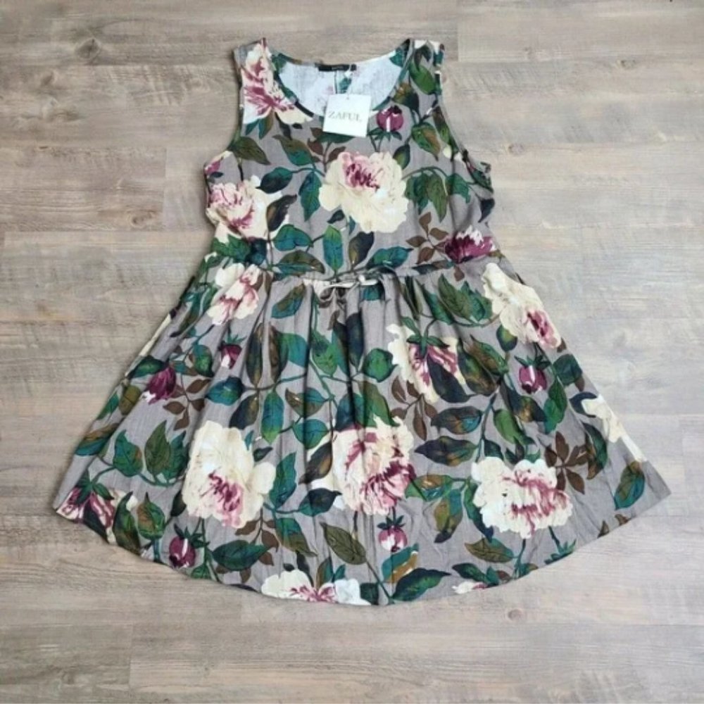 ZAFUL Dress Size 8 Woven Peony Floral Boho Linen? Pockets Mute Colors NWT